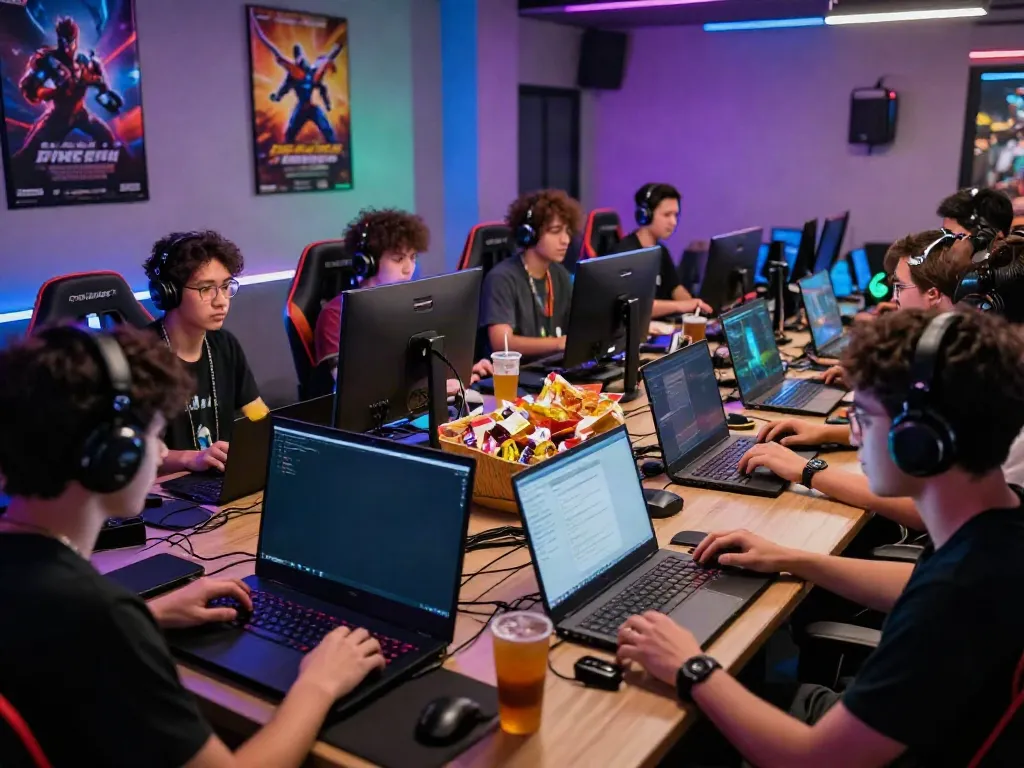 Suasana permainan online di QQGOBET dengan pemain beragam menggunakan perangkat gaming modern dalam lingkungan yang ceria.