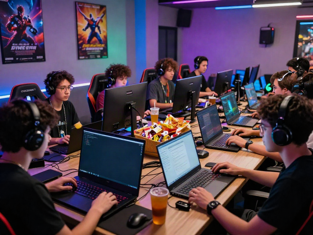 Suasana permainan online di QQGOBET dengan pemain beragam menggunakan perangkat gaming modern dalam lingkungan yang ceria.