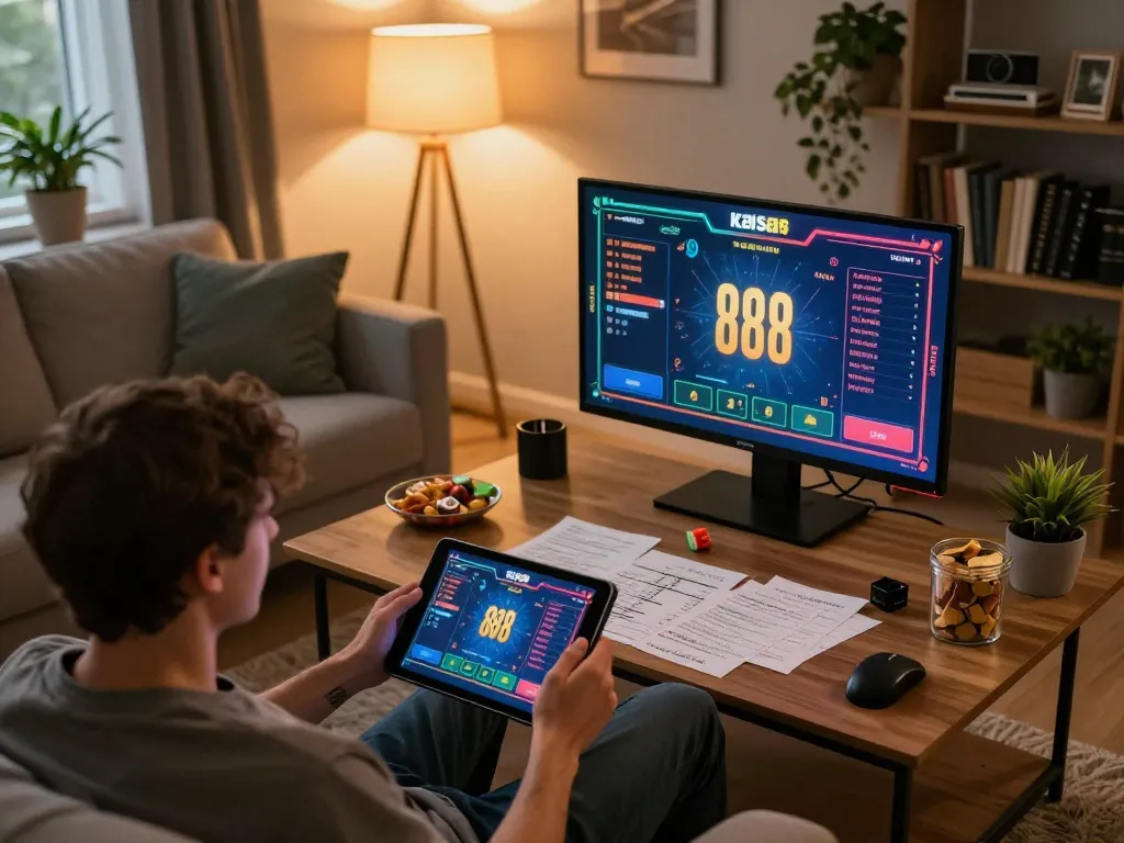 Kaisar 888 gaming interface displayed on a tablet while enjoying a cozy online gambling session.
