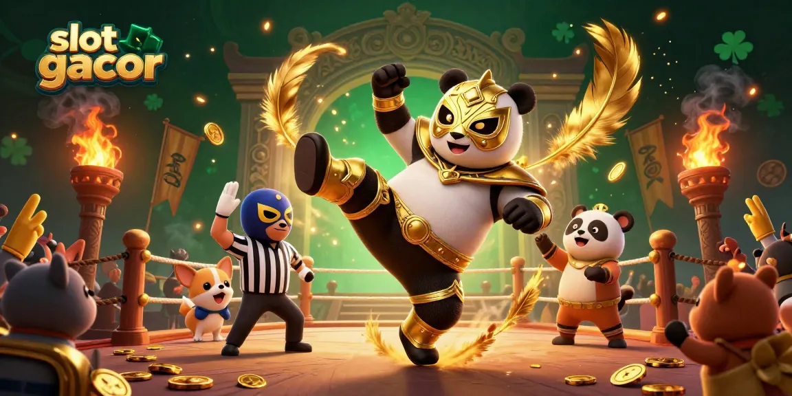Gambar slot gacor dengan panda bertarung, merayakan kemenangan di arena kasino yang megah.