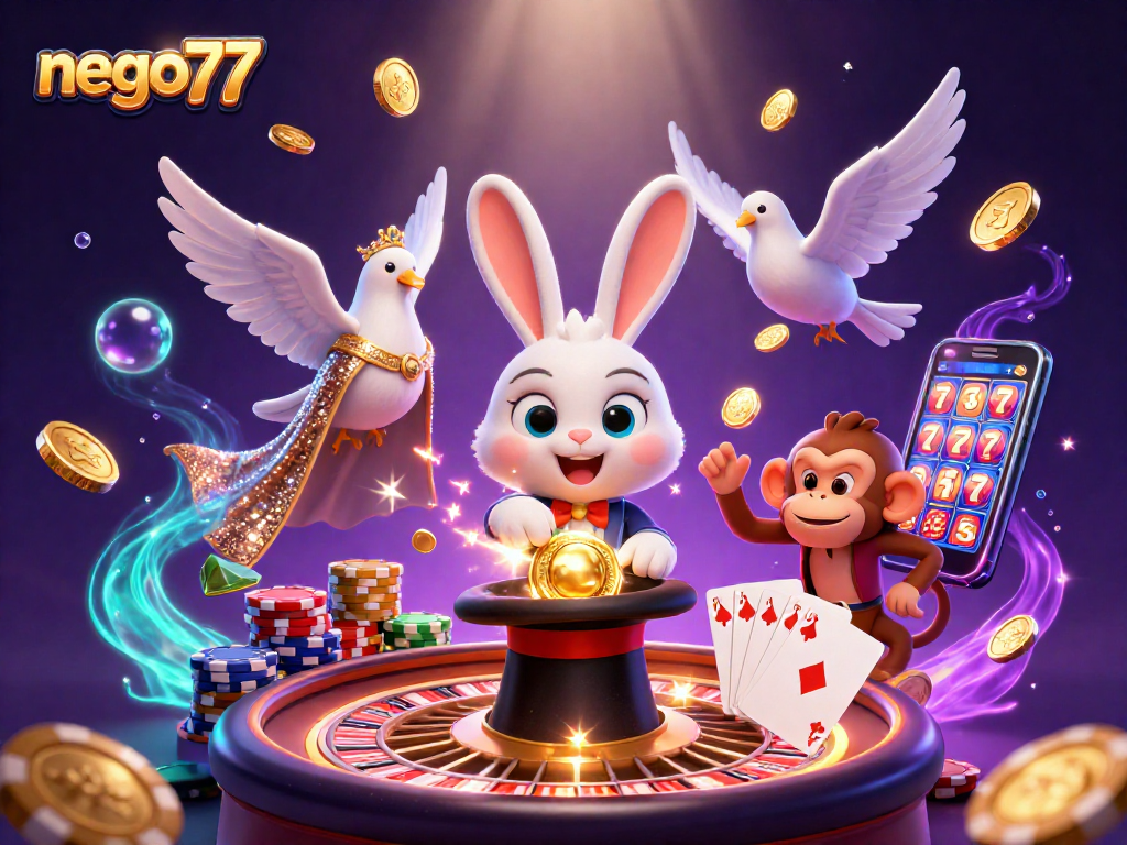 Pull in golden wins with nego77's exciting casino magic featuring vibrant characters and rich gameplay.