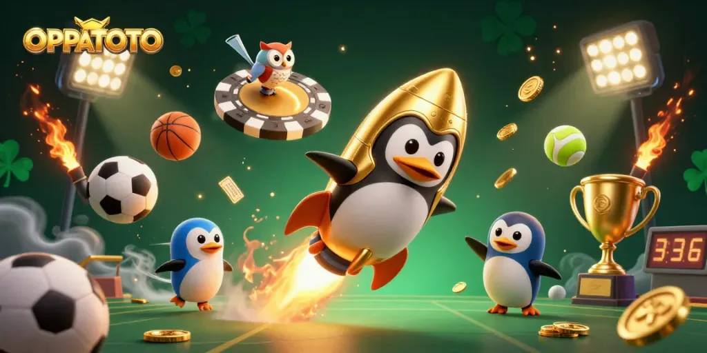 Engage with OPPATOTO's dynamic online gambling experience, featuring sports elements in a vibrant casino illustration.