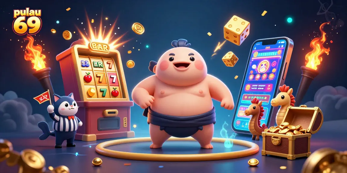 Pulau 69 showcases a colorful underwater casino scene with a blowfish and dynamic slot game elements.