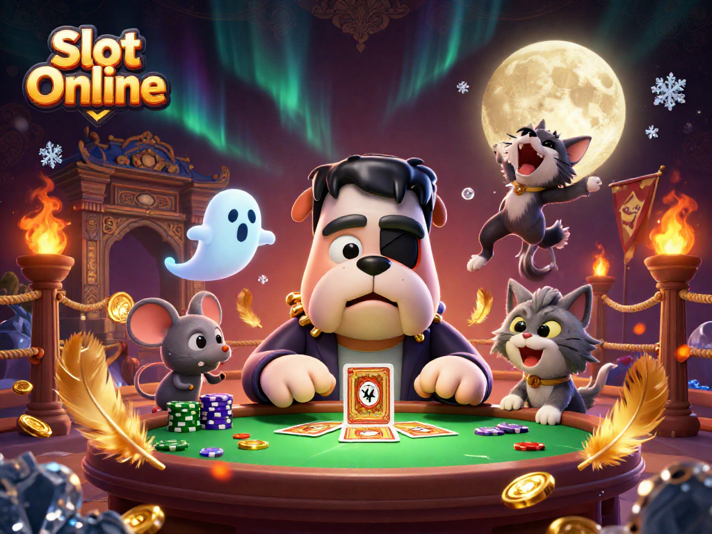 Experience Slot Online with a friendly bulldog dealer and playful characters at a vibrant casino