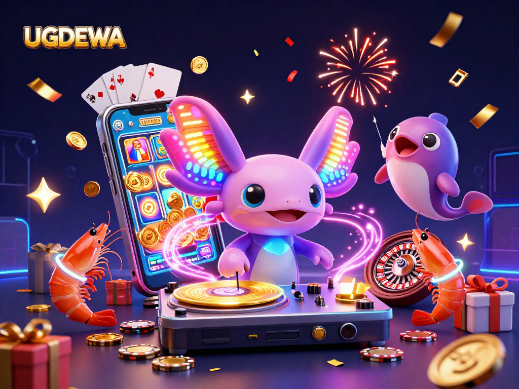 Engage with UGDEWA’s vibrant casino world featuring a DJ axolotl spinning slots and a jubilant crew.