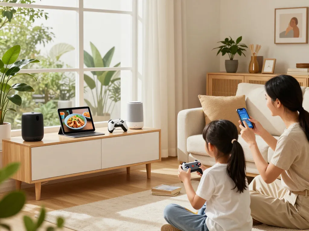 Family enjoying tech gadgets for home in a cozy living room atmosphere.