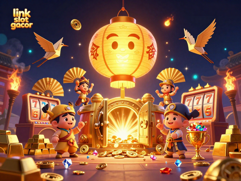 Experience the excitement of link slot gacor with a vibrant 3D casino illustration full of treasures and lucky symbols.