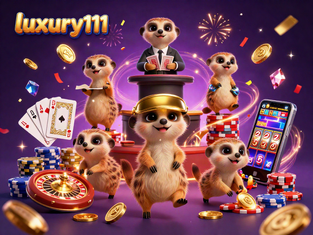 Experience luxury111 with playful meerkats handling casino chips amidst a dazzling backdrop.