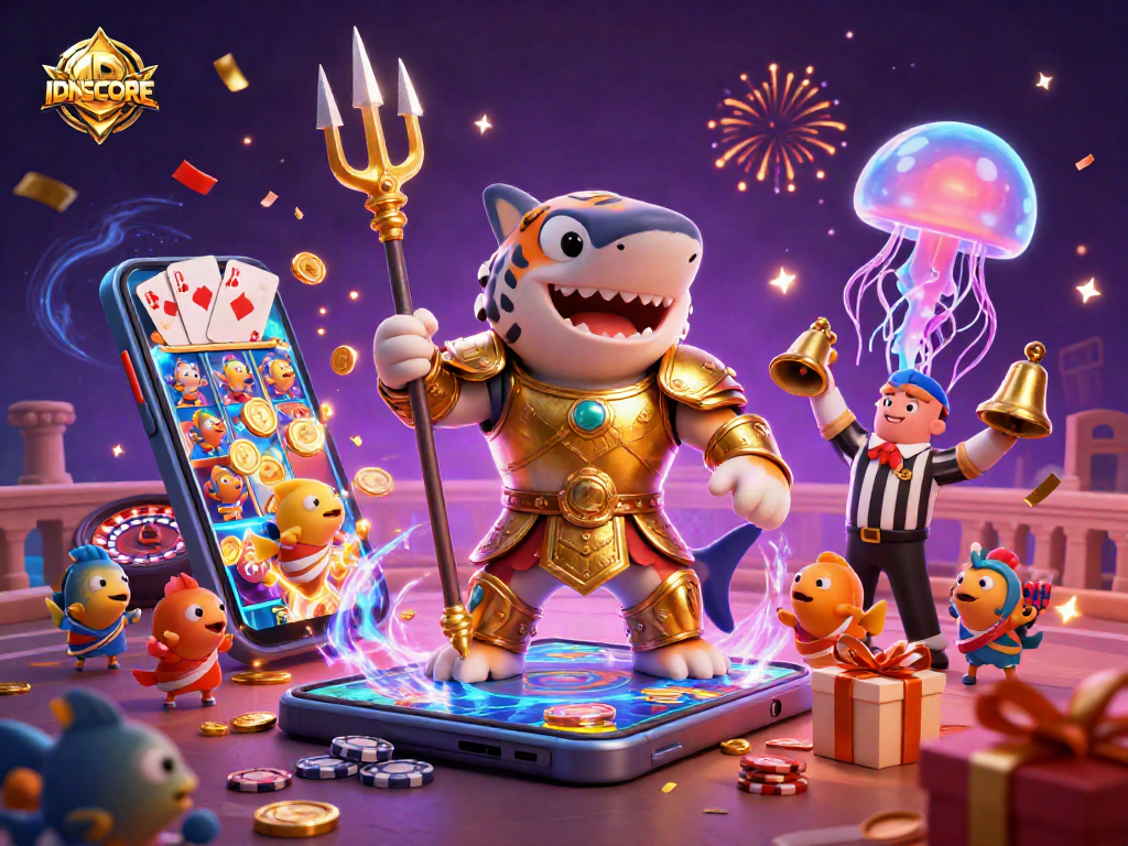 Experience thrilling betting action with IDNSCORE alongside a gladiator shark and vibrant casino elements.