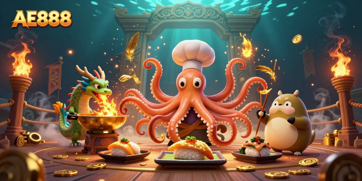 Experience the excitement of AE888 with a vibrant scene featuring a sushi chef octopus and friends amidst dynamic casino elements.