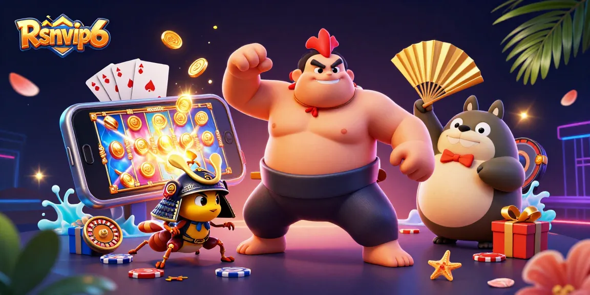 Terlibat dengan suasana kasino cerah Rsnvip6 yang menampilkan karakter sumo dan samurai di tengah elemen permainan yang dinamis.
