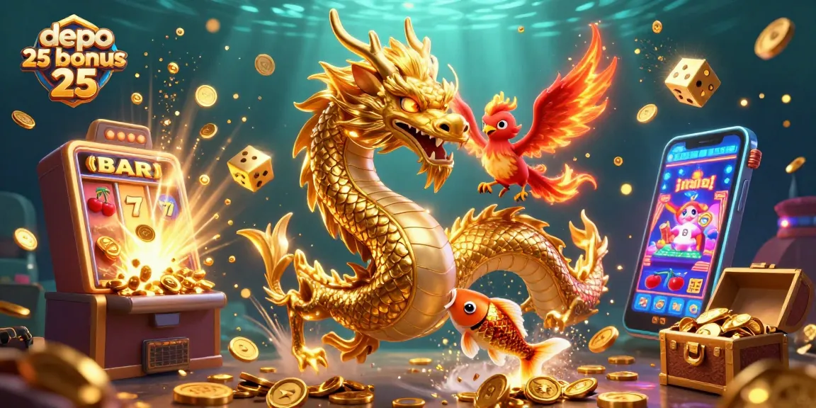Experience the thrilling depo 25 bonus 25 action with vibrant 3D characters bursting through coins and slot machines.