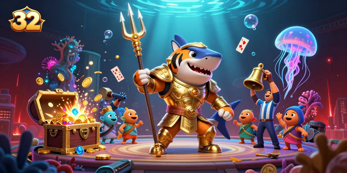 Experience thrilling wins at 32win with a vibrant underwater casino scene showcasing a fierce golden shark and lively game elements.