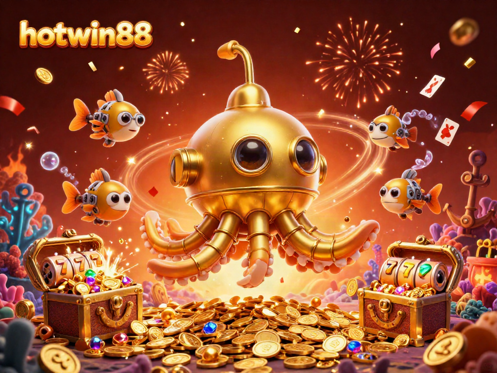 Engage with hotwin88 as a 3D kraken submarine navigates a treasure-filled sea, showcasing exciting slots elements.