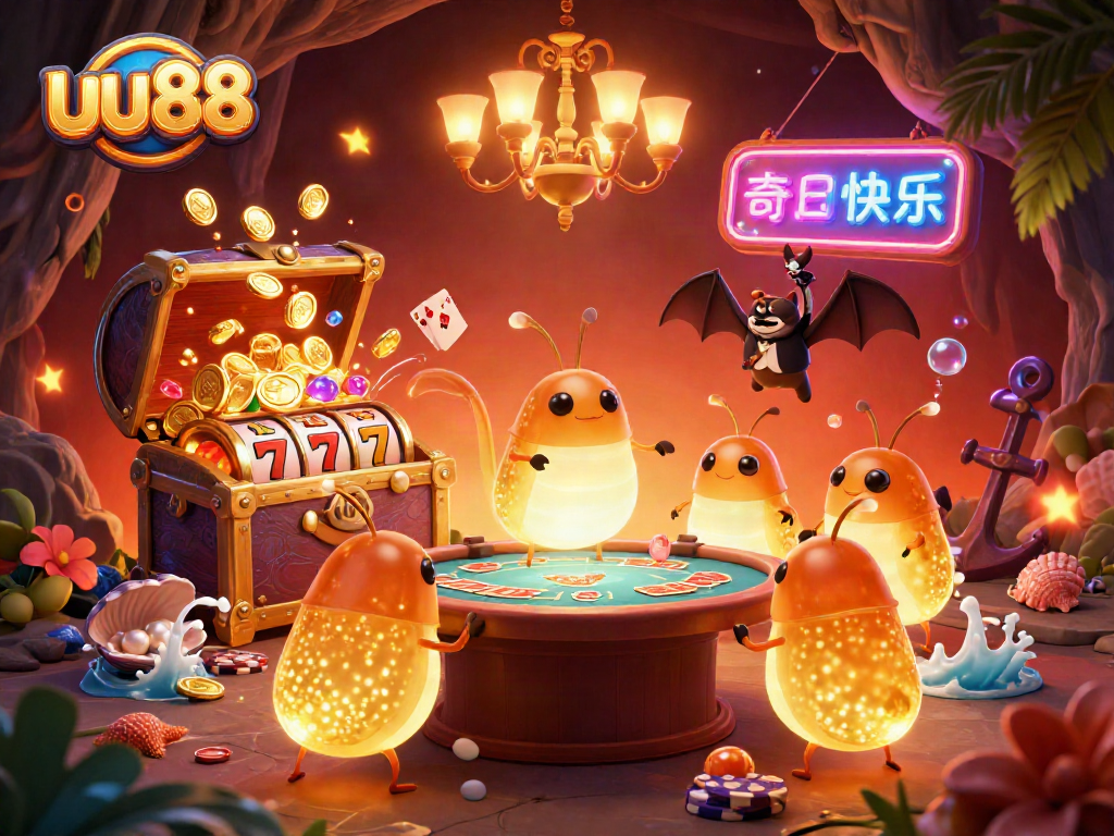 Experience the exciting world of uu88 with a vibrant cave casino illustration featuring glowworms and gaming elements.