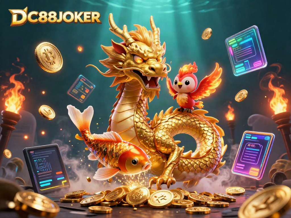 Experience the thrilling world of online gambling with DC88JOKER's dynamic illustration of a dragon, phoenix, and koi fish surrounded by crypto coins.