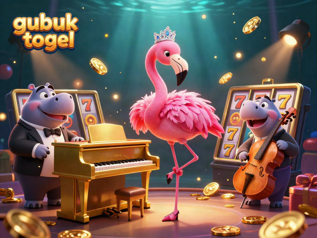 Rasakan keseruan bermain gubuk togel dengan flamingo penyanyi dan hippo bassist di latar kasino.