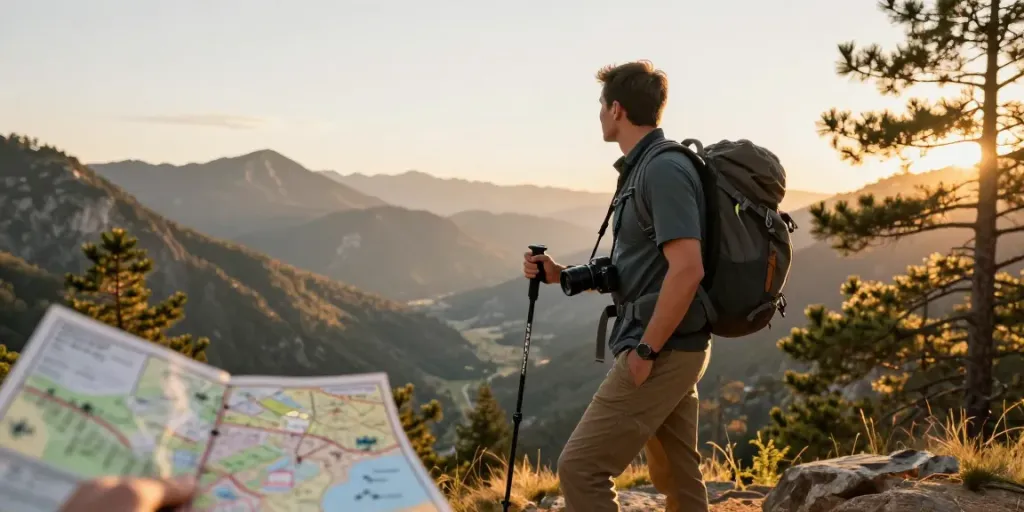 Seributoto dalam momen petualangan di puncak gunung saat matahari terbenam.