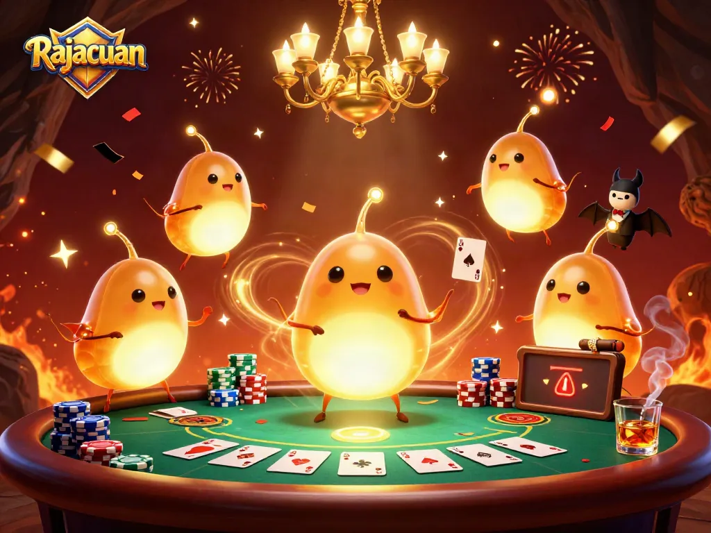 Light up your game with Rajacuan's vibrant glowworm casino scene capturing a thrilling poker atmosphere.