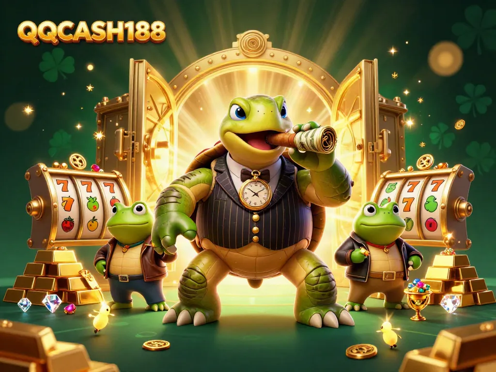 Experience thrilling gaming sensations with QQCASH188's vibrant casino scene featuring epic characters and slot elements.