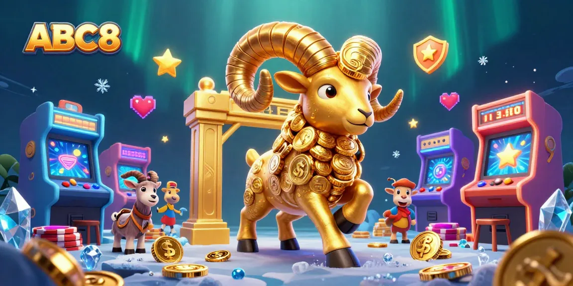 Experience thrilling games at ABC8 with the golden ram charging, surrounded by colorful arcade elements.
