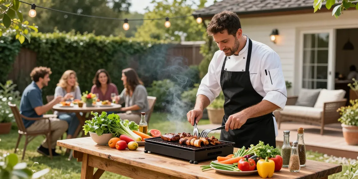 Menyiapkan hidangan BBQ dengan BOS 88 di kebun belakang untuk pesta musim panas.