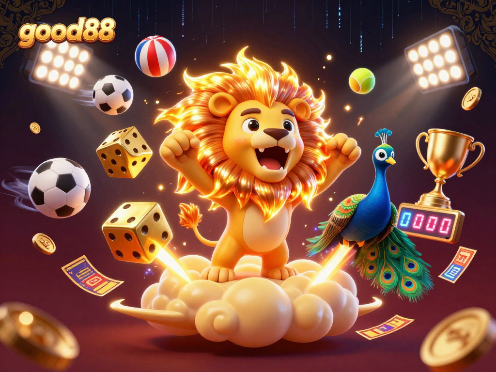 Engage with good88's thrilling casino adventure featuring a roaring lion on golden clouds with vibrant sports elements.