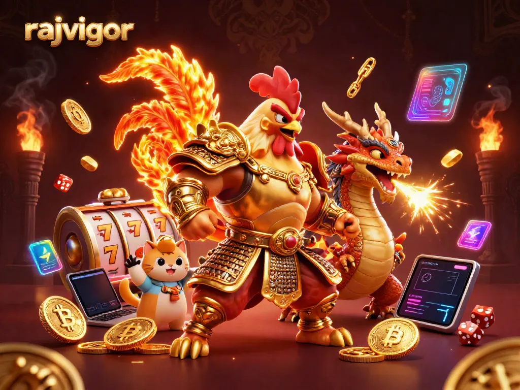 Experience the excitement of rajavigor with a valiant rooster warrior and dragon in a dynamic casino scene.