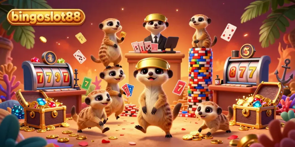 Permainan slot seru di bingoslot88 dengan koloni meerkat yang mengelola kasino dan banyak elemen permainan menarik.