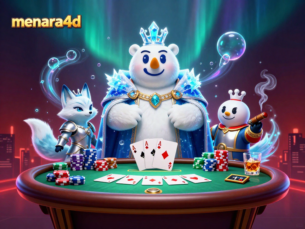 Menara4D menampilkan raja kutub 3D dan rubah salju beraksi di meja poker dengan tumpukan chip dan kartu