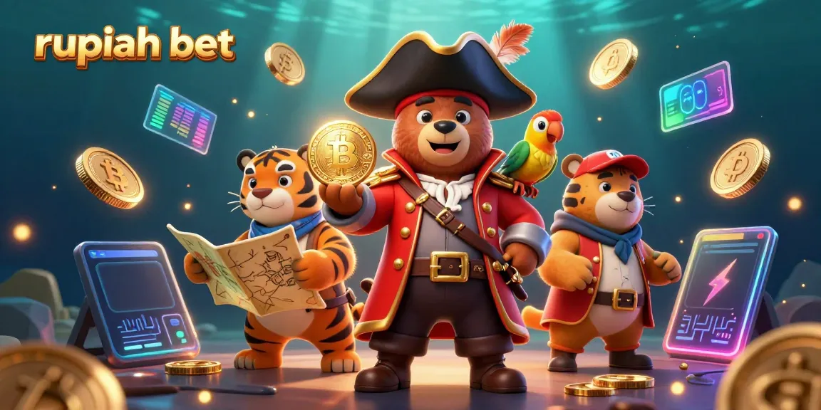 Experience the excitement of rupiah bet with a lively scene of a pirate captain bear and tiger, celebrating casino adventures.