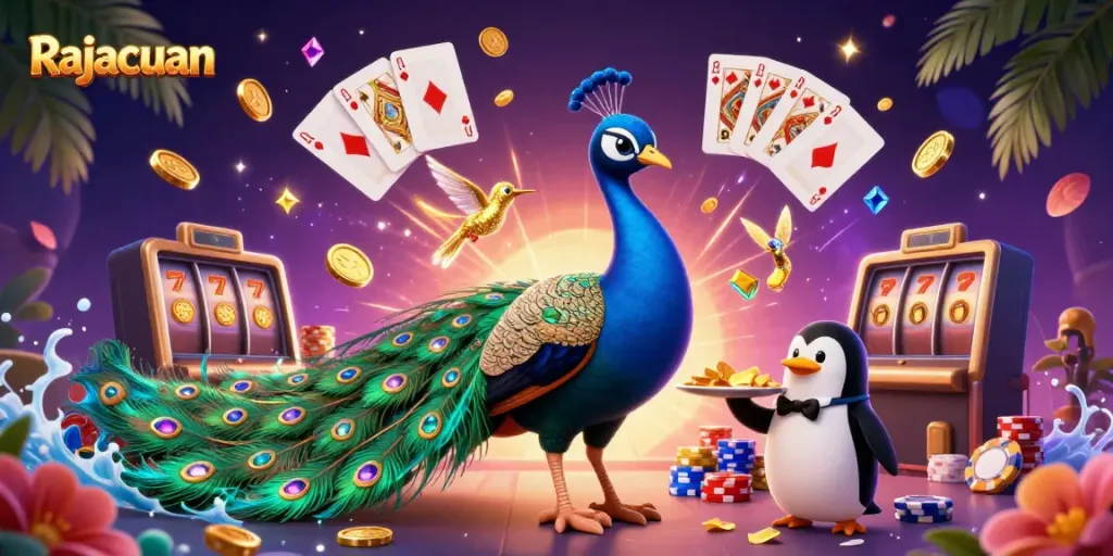 Rajacuan menghadirkan peacock 3D dan penguin pelayan, menyajikan momen kasino yang meriah.