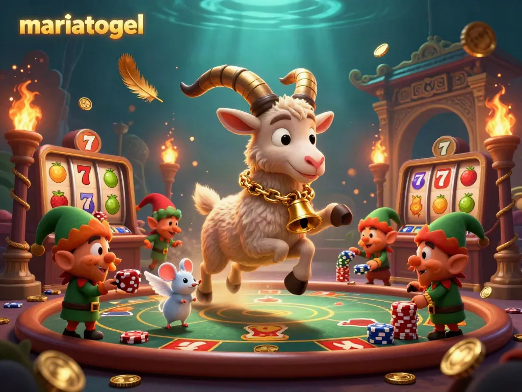 Mariatogel players spin vibrant slot reels in a whimsical casino scene, featuring lively characters and festive elements.