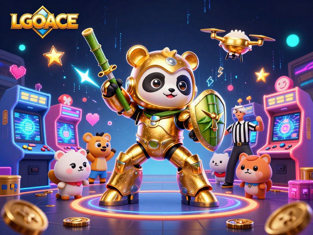 LGOACE showcases engaging gaming action with a golden panda in a mech-suit and vibrant arcade elements.