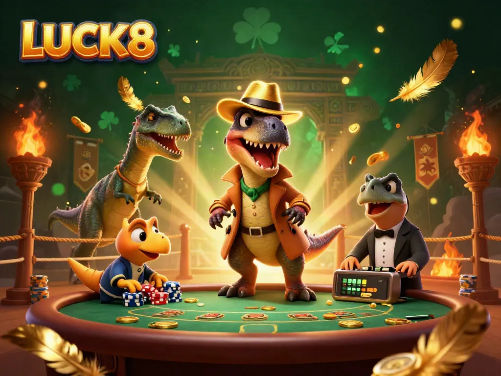 Experience LUCK8's thrilling blackjack scene featuring fun dinosaur characters amidst golden gaming tokens and vivid elements.