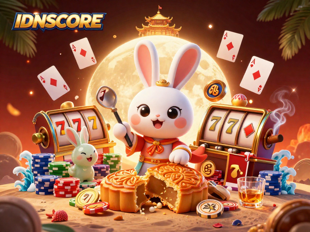 Experience IDNSCORE with vibrant slot reels and dynamic poker action in this 3D casino scene.