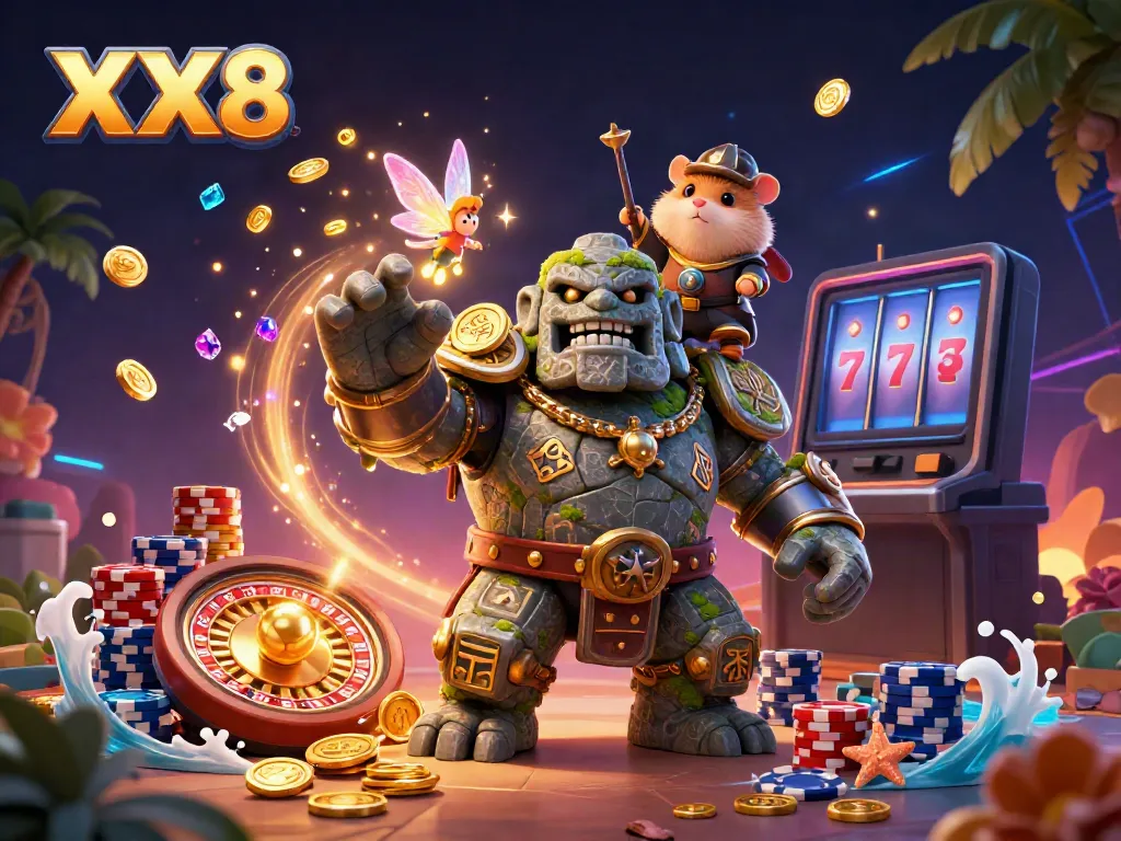 Join the excitement at XX8 with magical characters amidst rolling golden coins and a spinning roulette wheel.