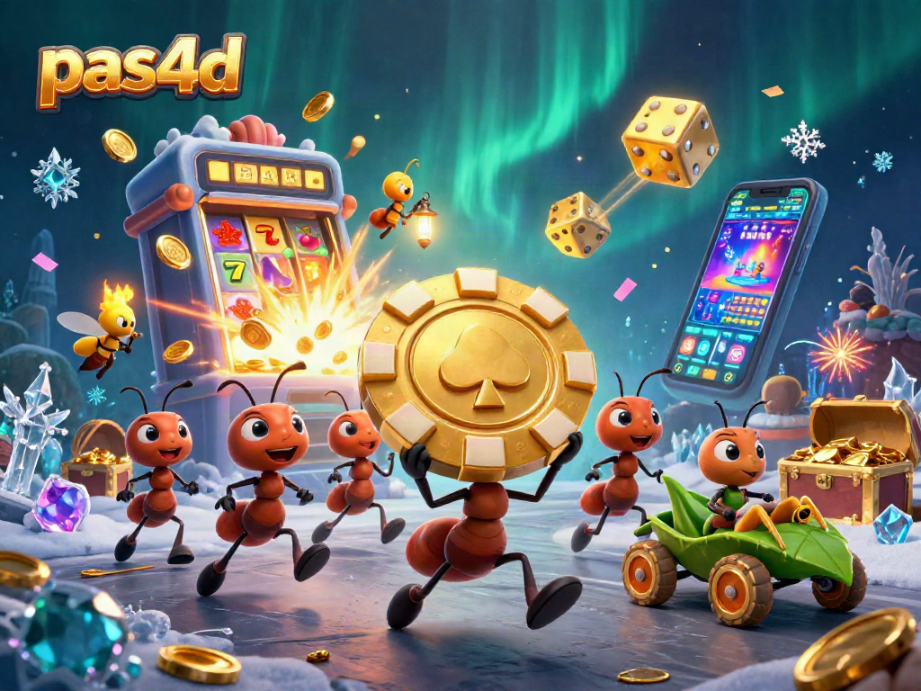 Tim semut pas4d mencuri chip poker emas sambil dikelilingi mesin slot dan koin.
