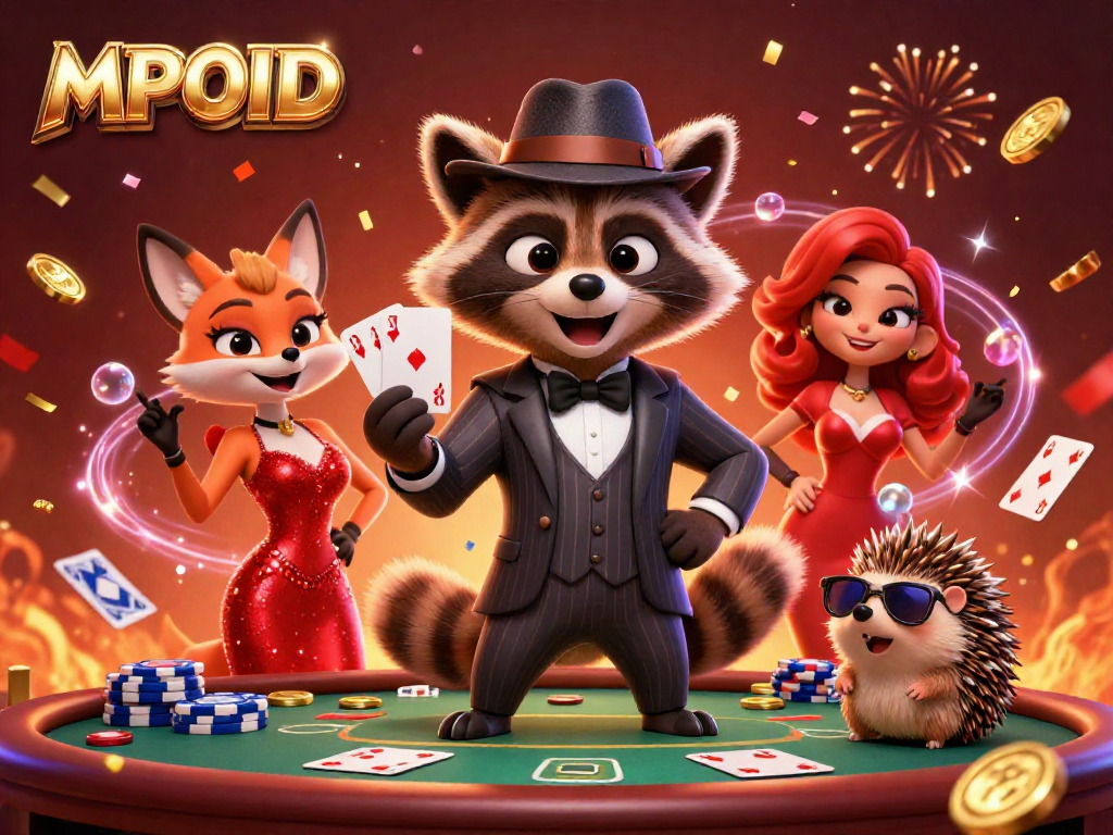 MPOID's engaging poker scene illustrates a raccoon, fox, and hedgehog celebrating wins with wild excitement.
