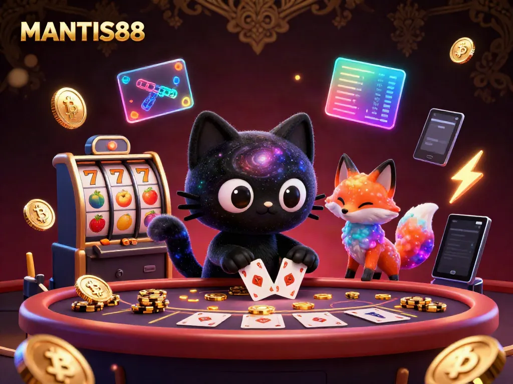 Engage with MANTIS88 as a cosmic cartoon cat draws in chips at a vibrant casino.
