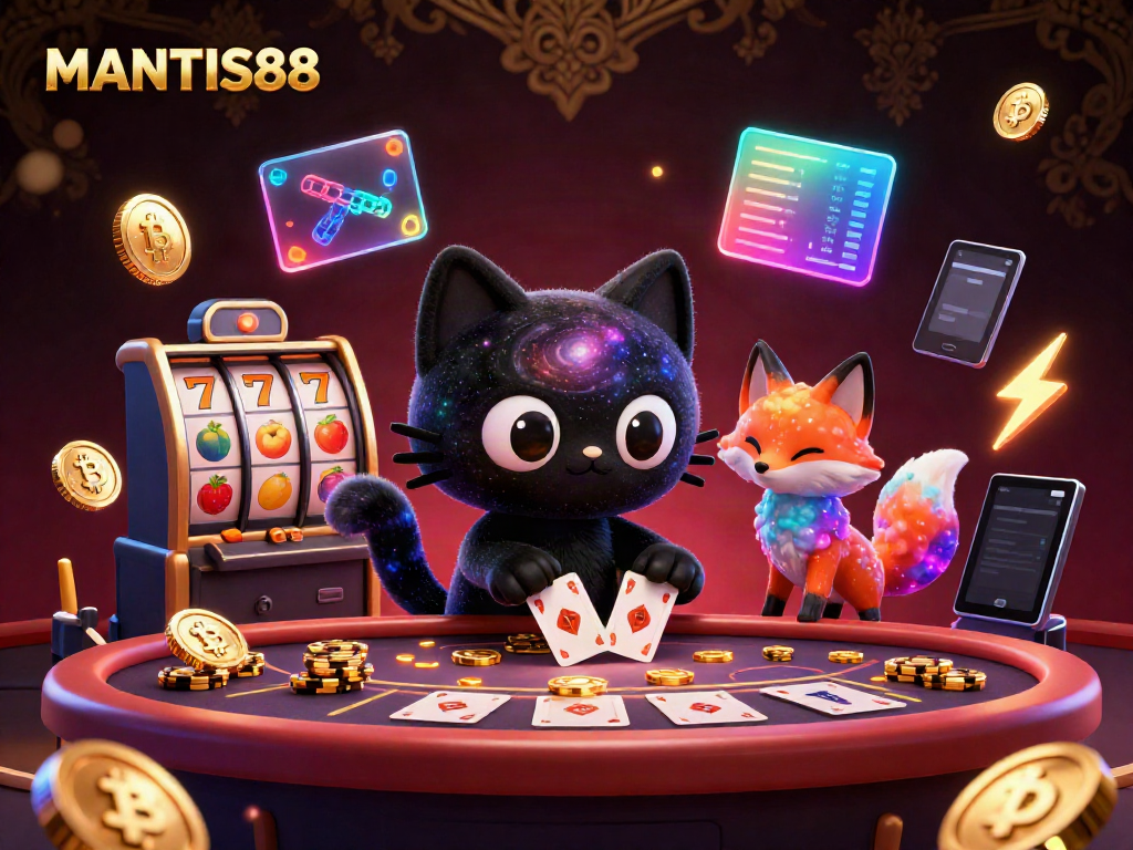 Engage with MANTIS88 as a cosmic cartoon cat draws in chips at a vibrant casino.