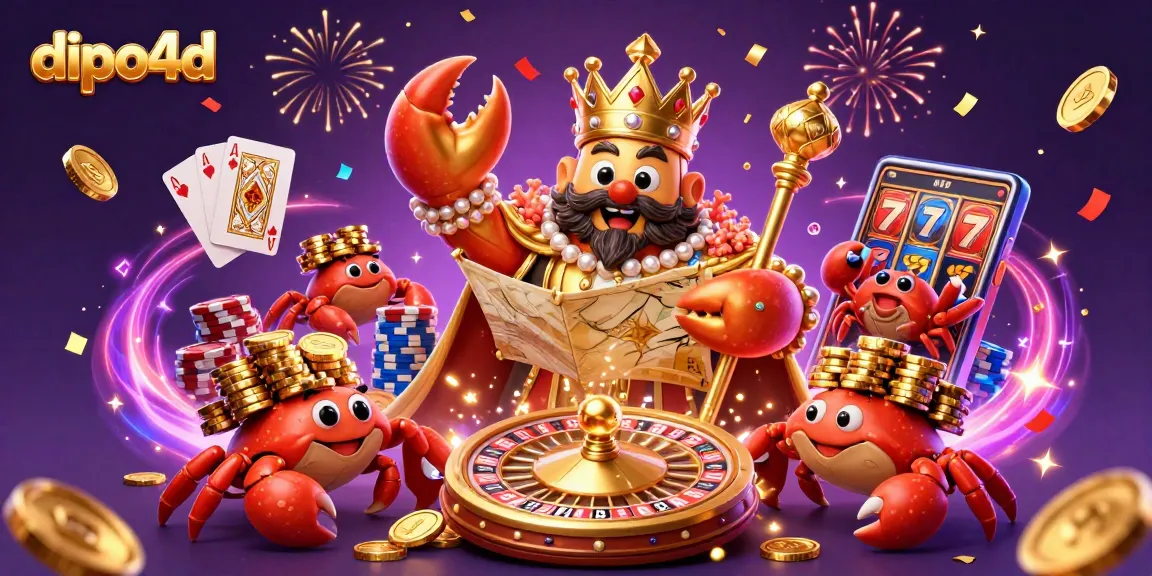 Experience the excitement of dipo4d with a dynamic golden crab emperor overseeing a treasure-filled casino scene.