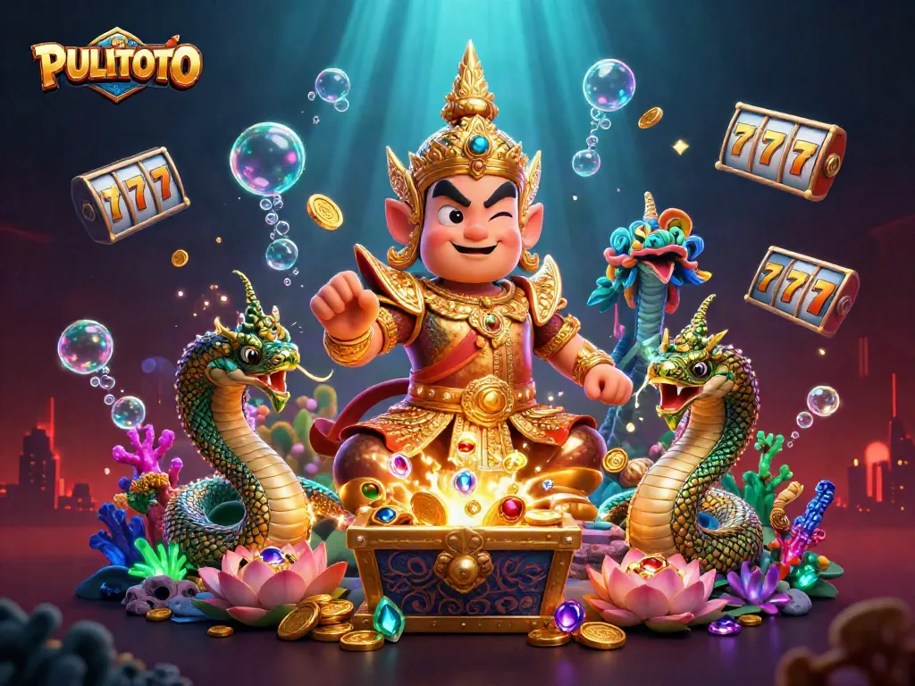 PULITOTO showcases a Thai guardian and Naga companions amidst vibrant gambling elements and treasures.