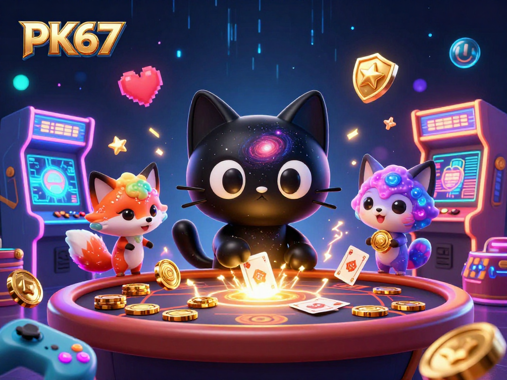 Engage in cosmic gaming thrills with PK67, featuring vibrant characters and casino excitement.