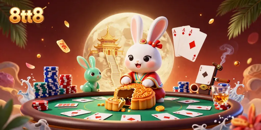 Engage in thrilling games with 8tt8 as the moon rabbit unveils golden poker chips in an immersive casino scene.