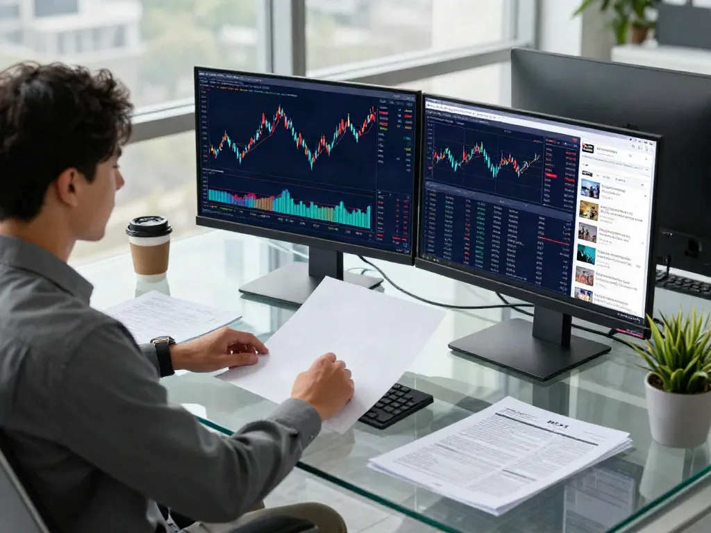 MEXC US Stocks analysis in a modern office with real-time charts and financial documents.