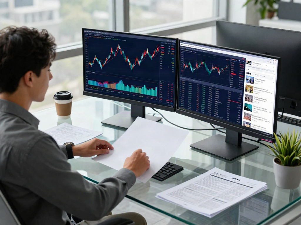 MEXC US Stocks analysis in a modern office with real-time charts and financial documents.