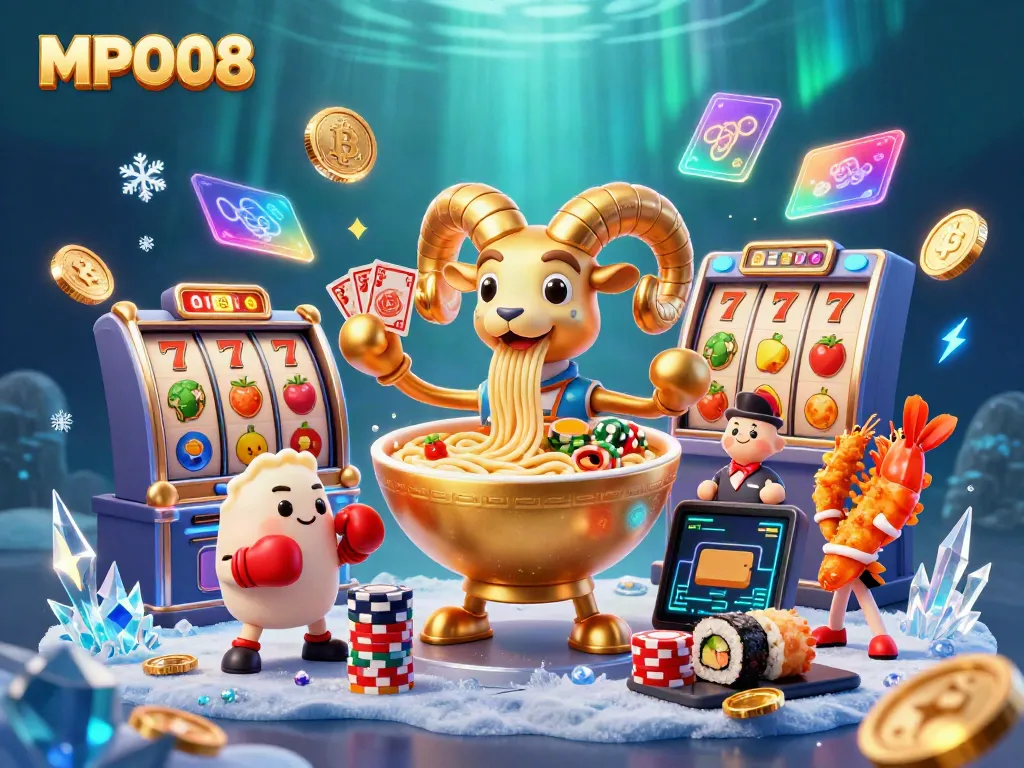 MPO08 showcases a colorful 3D illustration of a golden ramen bowl engaging in gambling card games and stacking chips.