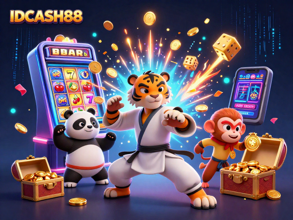 Win big with IDCASH88 as a kung fu tiger and students celebrate at a vibrant casino scene.