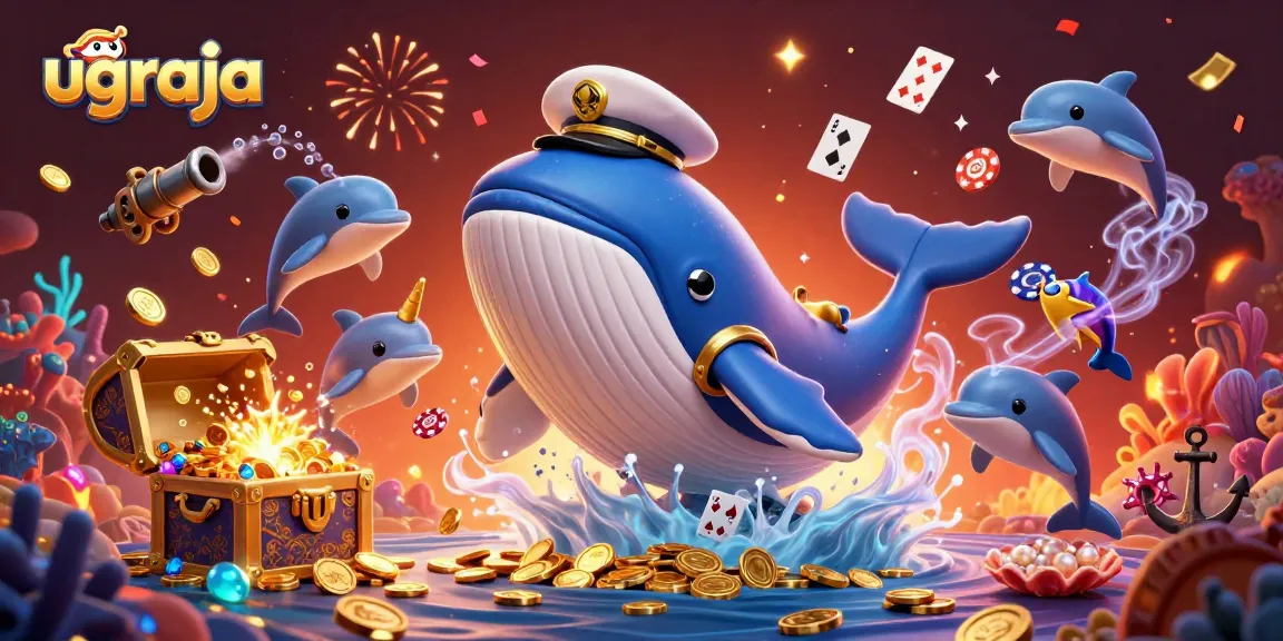 Rasakan keseruan bermain game di ugraja dengan ikan paus 3D kartun besar dan chip poker terbang.